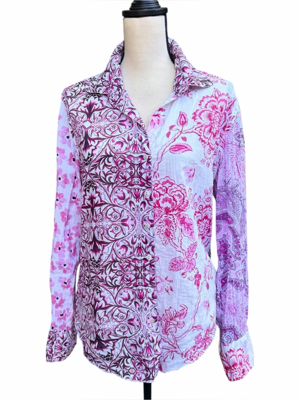 Cino Mixed Print Crinkle Cotton Button Down Shirt Pink Floral - Size Large